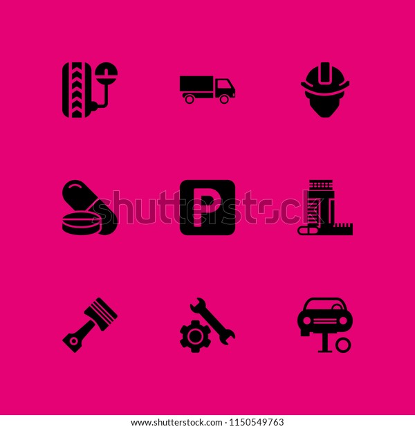 industry icon. 9 industry set with construction and\
tools, piston, car parking and drug vector icons for web and mobile\
app