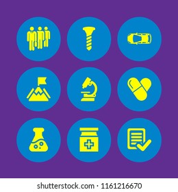 industry icon. 9 industry set with mission, flask, lab microscope and drug vector icons for web and mobile app