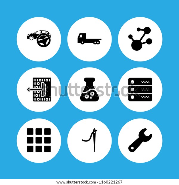 industry icon. 9 industry\
set with truck, flask, mechanic and tailor vector icons for web and\
mobile app