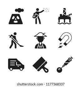 industry icon. 9 industry vector icons set. insecticide, farmer and oil mining in the sea icons for web and design about industry theme