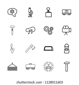 Industry icon. collection of 16 industry outline icons such as worker, hook with cargo, hacksaw, microscope, gear, cargo wagon. editable industry icons for web and mobile.