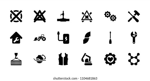 Industry icon. collection of 18 industry filled icons such as no bleaching, wrench, excavator, electric saw, water pipe. editable industry icons for web and mobile.