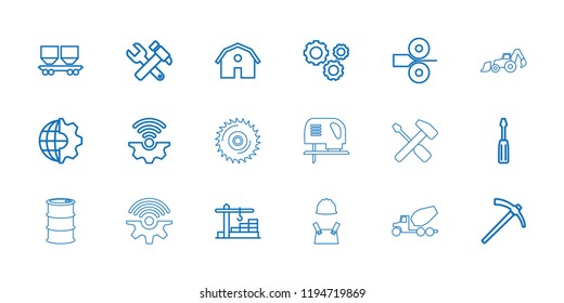 Industry icon. collection of 18 industry outline icons such as barn, screwdriver, hummer and wrench, clobe gear, cargo wagon. editable industry icons for web and mobile.