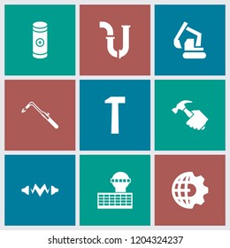 Industry icon. collection of 9 industry filled icons such as battery, clobe gear, airport tower, hummer, electricity, pipe. editable industry icons for web and mobile.