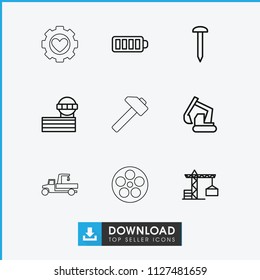 Industry icon. collection of 9 industry outline icons such as construction crane, airport tower, nail, excavator, battery, hummer. editable industry icons for web and mobile.