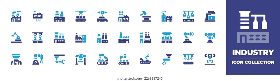 Colección de iconos de la industria. Color de duotona. Ilustración vectorial. Contienen industria, robot industrial, industria alimentaria, brazo robot, crusher, brazo robótico, robot, brazo mecánico.