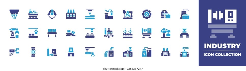 Industry icon collection. Duotone color. Vector illustration. Containing milking, cargo ship, helmet, factory, d printer, pumpjack, oil industry, robot, conveyor, press machine, crane, pipe.