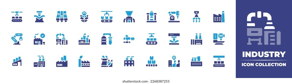 Industry icon collection. Duotone color. Vector illustration. Containing conveyor, bending, box, crusher, machine press, mechanical arm, robot arm, chimney, factory, refinery, extraction, trencher.