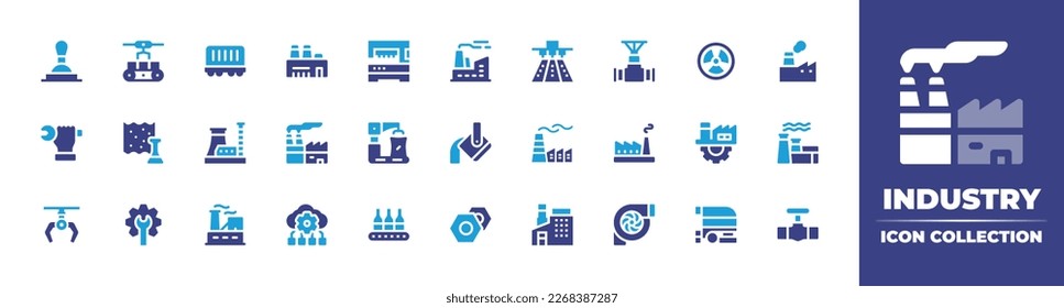 Industry icon collection. Duotone color. Vector illustration. Containing control lever, conveyor belt, freight wagon, factory, machinery, machine, pipeline, radioactive, wrench, synthetic, process.