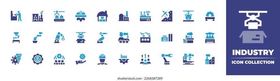 Industry icon collection. Duotone color. Vector illustration. Containing humanpictos, factory, conveyor belt, labor day, shed, power plant, smart factory, minerals, d, saw machine, industrial robot.