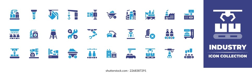 Industry icon collection. Duotone color. Vector illustration. Containing refinery, drill, metallurgy, crane, pump, wheelbarrow, factory, oil platform, industrial scale, wash, oil factory, water tank.