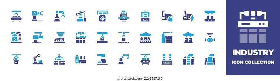 Industry icon collection. Duotone color. Vector illustration. Containing robot arm, robotic arm, petroleum, manufacturing, power press, press machine, lock, power plant, conveyor belt, meat grinder.