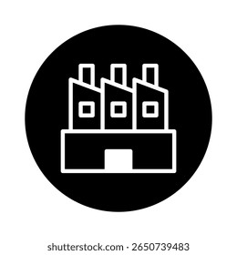 Industry icon representing a factory silhouette with chimneys, surrounded by a circular black background, design for industrial purposes