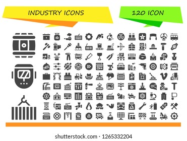  industry icon set. 120 filled industry icons. Simple modern icons about  - Barrel, Crane, Welder, Battery, Gas, Pipe, Keyboard, Settings, Gas station, Microscope, Radioactive