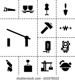 Industry icon. set of 13 filled industryicons such as barrier, construction crane, level equipment, mannequin, hummer, saw blade, hook with cargo, nail gun, trowel, saw