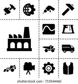 Industry icon. set of 13 filled industry icons such as sleeveless shirt, drill, hummer, excavator, truck, cargo crane, camera, factory, gear, shipping truck, clobe gear