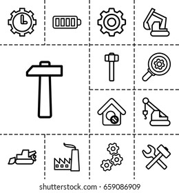 Industry icon. set of 13 outline industryicons such as excavator, crane, garden hammer, baterry, clock in gear, home search, gear, hammer, factory