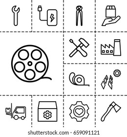 Industry icon. set of 13 outline industryicons such as factory, gear, pliers, tape, axe, heart in gear, forklift, cargo protection, battery, wrench, solar panel, camera tape