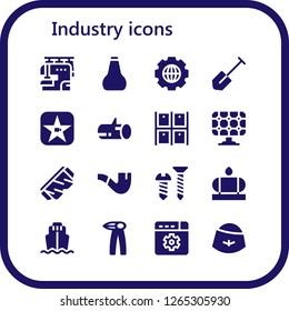  industry icon set. 16 filled industry icons. Simple modern icons about  - Sewing machine, Oil, Settings, Shovel, Movie, Wood, Warehouse, Solar panel, Safety glasses, Pipe, Screw