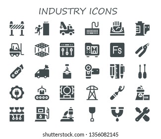 industry icon set. 30 filled industry icons.  Collection Of - Barrier, Exit, Crane, Keyboard, 3d printer, Film roll, Forklift, Settings, Fuse, Pliers, Cutter, Van, Camcorder, Tools