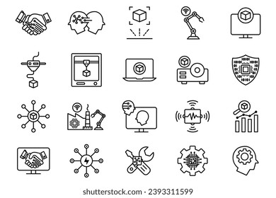 industry icon set. industry 5.0, 3d printing, artificial intelligence, augmented reality, advanced sensor, intelligent robot ,etc. line icon style design. simple vector design editable