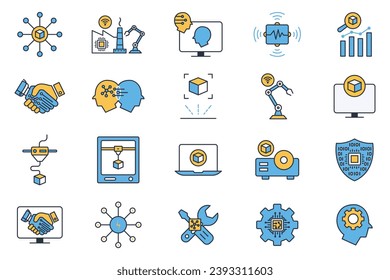 industry icon set. industry 5.0, 3d printing, artificial intelligence, augmented reality, advanced sensor, intelligent robot ,etc. flat line icon style design. simple vector design editable