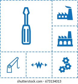 Industry icon. set of 6 industry filled and outline icons such as factory, electricity, screwdriver, cargo crane
