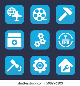 industry icon. Set of 9 filled industry icons such as hammer, gear, hummer, cargo terminal, globe and plane, home repair