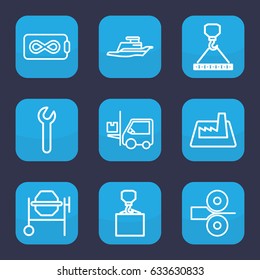 Industry icon. set of 9 outline industry icons such as concrete mixer, hook with cargo, forklift, ship, factory, wrench, paper press