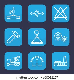 Industry icon. set of 9 outline industry icons such as barn, no bleaching, hummer, crane, hook with cargo, water pipe, factory, gear 
