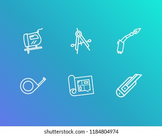 Industry icon set and build planning with tape measure, measuring accuracy and jigsaw. Penknife related industry icon vector for web UI logo design.