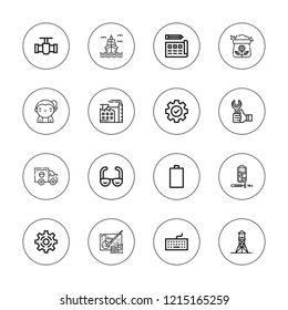 Industry icon set. collection of 16 outline industry icons with boat, blueprint, fertilizer, factory, empty battery, keyboard, paint, pipe, renewable energy, setting icons.