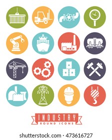 Industry icon set. Collection of 16 colored round industry themed vector icons