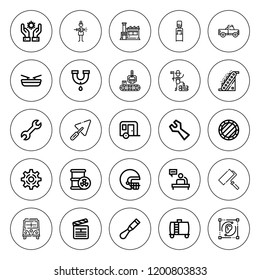 Industry icon set. collection of 25 outline industry icons with barrel, boat, clapperboard, chisel, construction, conveyor, factory, helmet, lumberjack icons. editable icons.