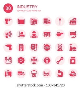 industry icon set. Collection of 30 filled industry icons included Driller, Paper roll, Blueprint, Delivery truck, Auger, Parabolic, Forklift, Worker, Truck, Pipe, Building, Water heater