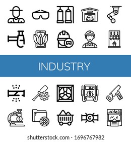 industry icon set. Collection of Farmer, Siphon, Goggles, Ecology, Storage tank, Engineer, Garage, Worker, Machinery, Machine, Broken pipe, Microscope, Settings, Cooling system icons