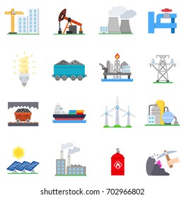 Industry Icon Set. Collection Of Icons On The Extraction Of Raw Materials, Fuel And Energy Production.