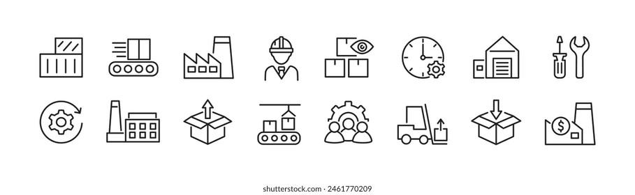 Industry icon set. Factory, manufacturing line icons. Production process. Worker. Vector.