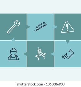 Industry icon set and handsaw with vise, alert sign and builder. Repairman related industry icon vector for web UI logo design.