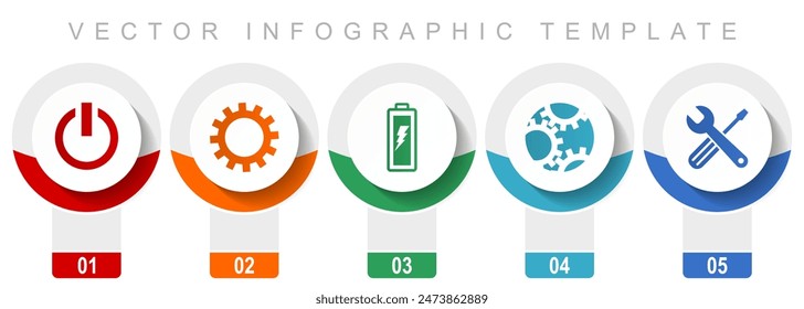 Industry icon set, miscellaneous vector icons such as power, cogwheel, battery and tools, modern design infographic template, web buttons in 5 color options