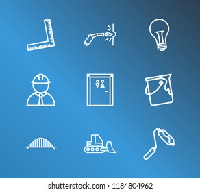 Industry icon set and paint bucket with corner ruler, bridge and engineer. Wc related industry icon vector for web UI logo design.