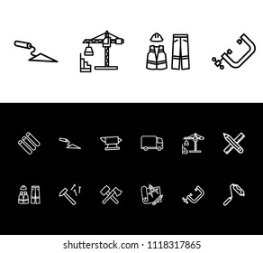 Industry icon set and pencil with ruler with painting decoration, carpentry work and crane building. Clamp related industry icon vector for web UI logo design.