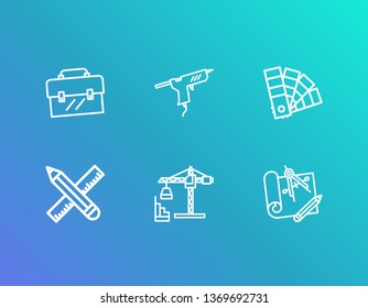 Industry icon set and pencil with ruler with engineering blueprint, color swatch and essential toolkit. Adhesive tool related industry icon vector for web UI logo design.