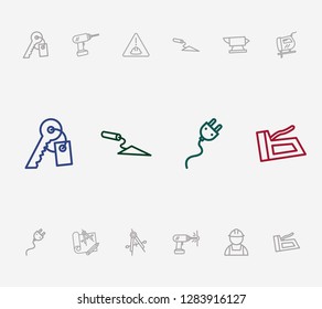 Industry icon set and trowel with stapler, builder and anvil. Precision related industry icon vector for web UI logo design.