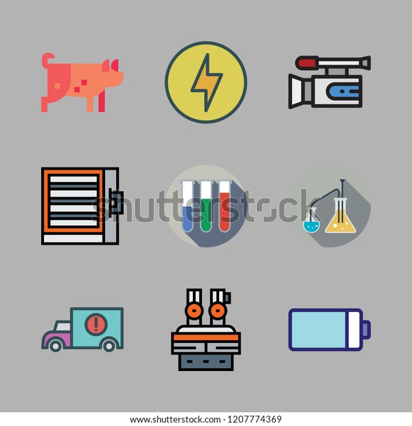 industry icon set. vector set about\
industrial robot, pig, flasks and test tubes icons\
set.