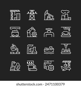 Industry icon set, white lines on black background. Construction, electricity, oil, factories, mining, automotive, metal, logistics, food, microelectronics, etc. Customizable line thickness