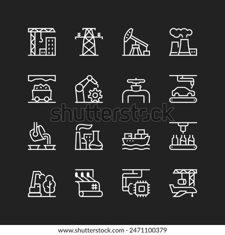 Industry icon set, white lines on black background. Construction, electricity, oil, factories, mining, automotive, metal, logistics, food, microelectronics, etc. Customizable line thickness