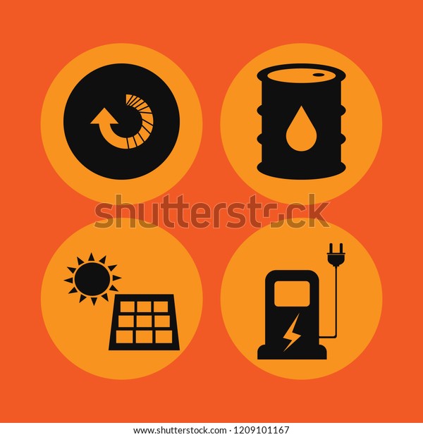 industry icon. industry vector\
icons set oil barrel, solar panel, car charger and reload\
arrow