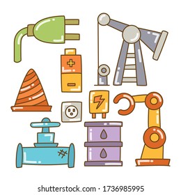 industry icons, battery, robot oil rig color doodle line design