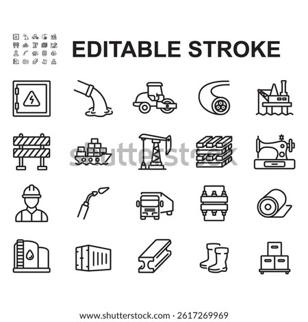 Industry icons collection. Thin line vectors. Contains icons such as oil mining industry, electrical installations, textiles, shipping and many more.